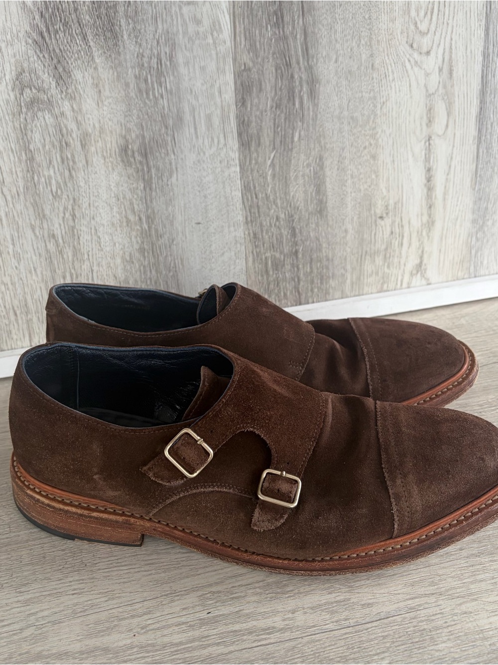 Hackett London suede double monk strap shoes Mens Size 45 Uk 11 Brown Preppy